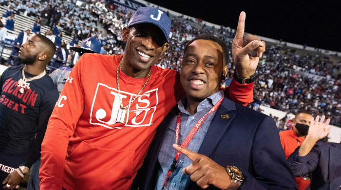 Jackson State coach Deion Sanders celebrates.